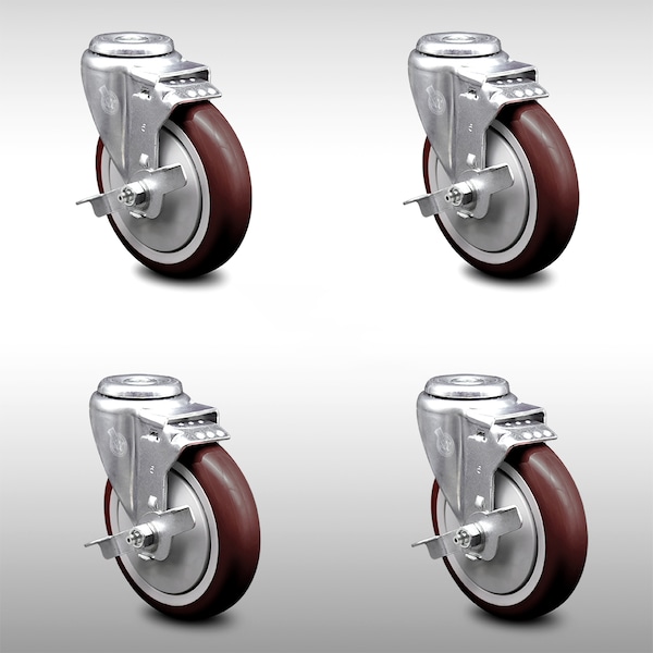 5 Inch SS Maroon Polyurethane Wheel Swivel Bolt Hole Caster Set with Brake SCC
